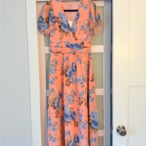 Floral Peach and Blue Maxi Dress